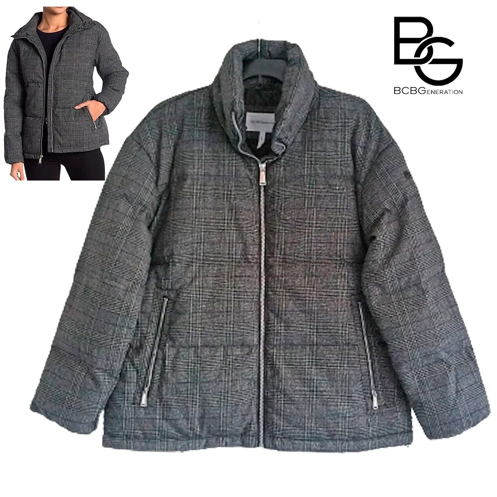 BCBGeneration NEW Plaid Quilted Zip Puffer Coat Jacket M